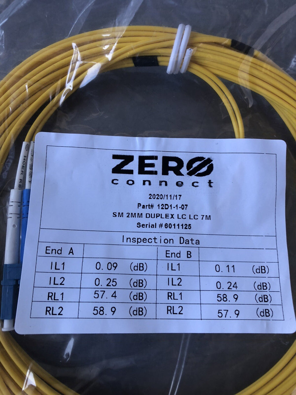 Zero Connect 12D1-1-07 Fiber Patch Cable NEW! FREE SHIPPING!!