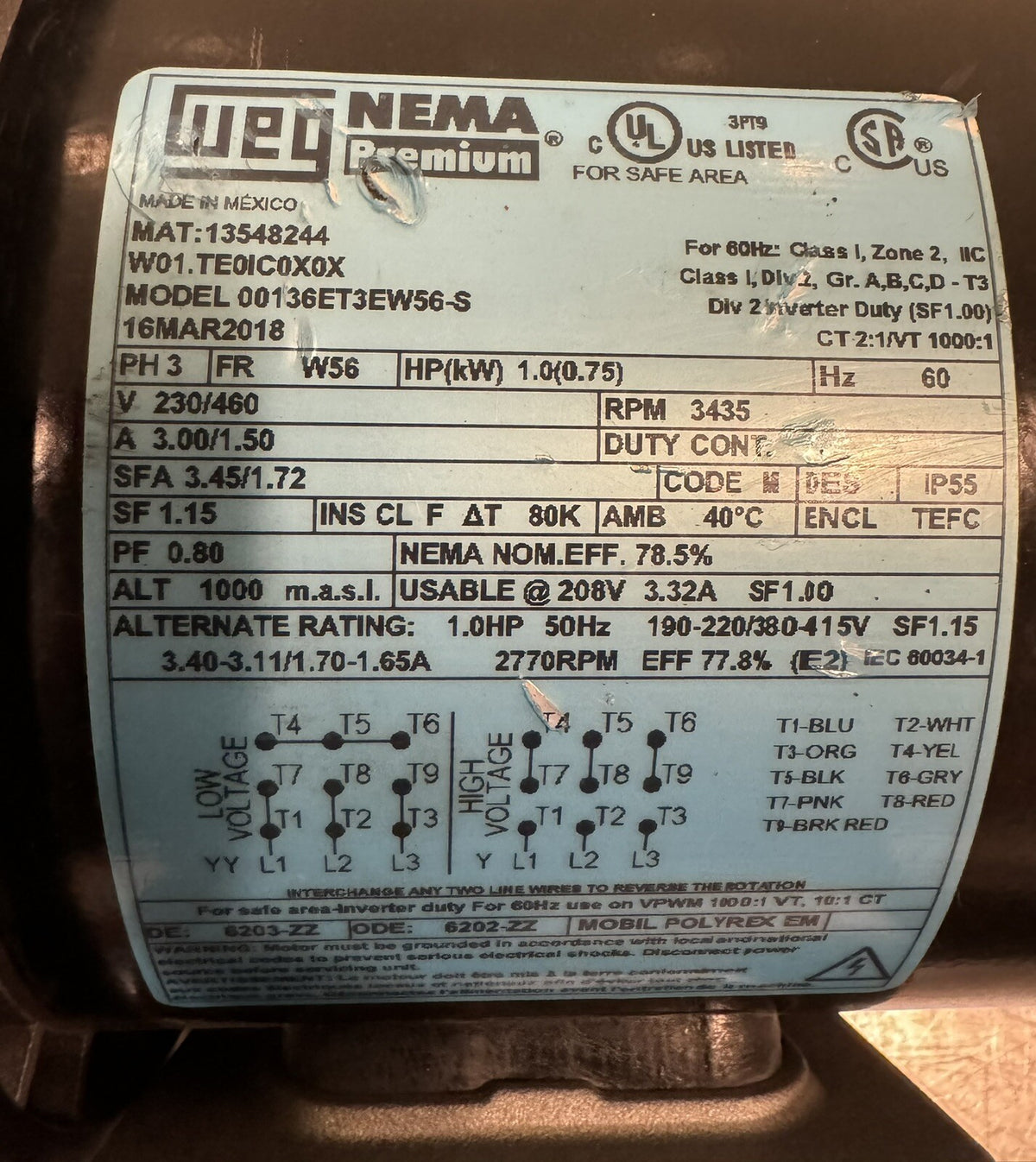 WEG 00136ET3EW56-S Electric Motor 1HP 230/460V 3435 RPM 3PH NEW! FREE SHIPPING!