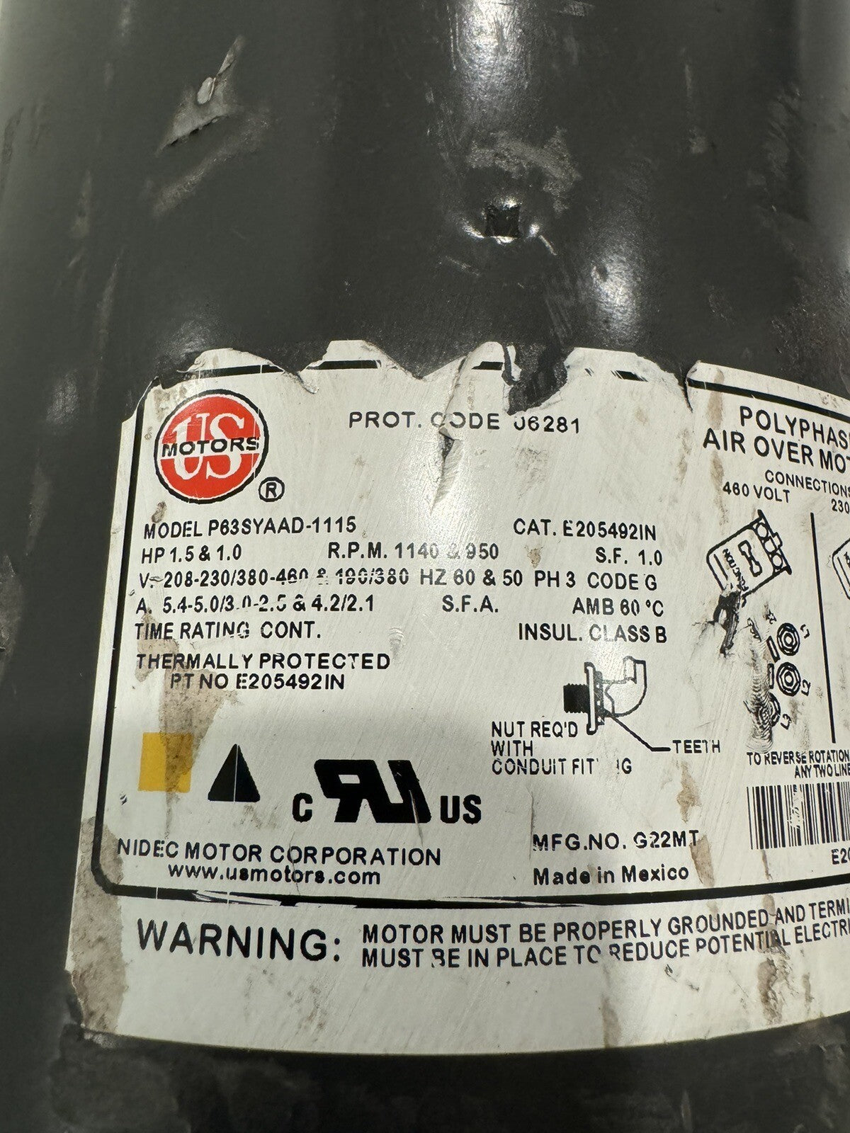 US Motor E205492IN Motor P63SYAAD-1115 1.5 & 1.0HP G22MT NEW! FREE SHIPPING!