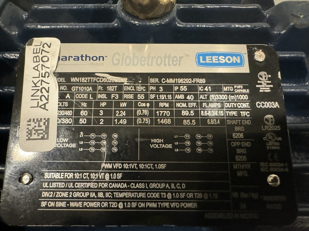 Marathon GT1010A Motor 3HP 1800 RPM 3PH 182T Frame NEW! FREE SHIPPING!