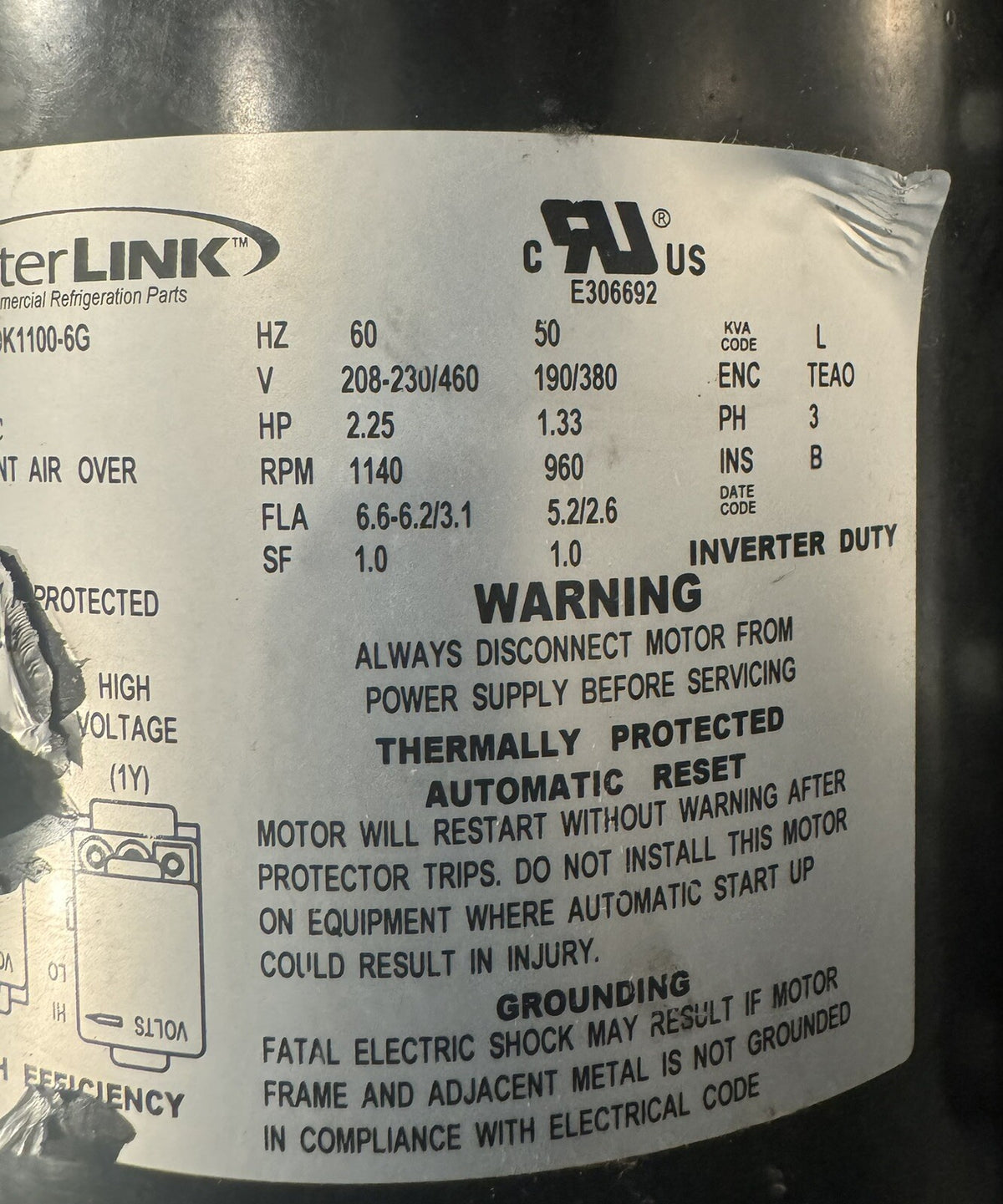 Heatcraft 25391101 2.25 HP Condenser Motor Interlink YSDK1100-6G NEW!!!
