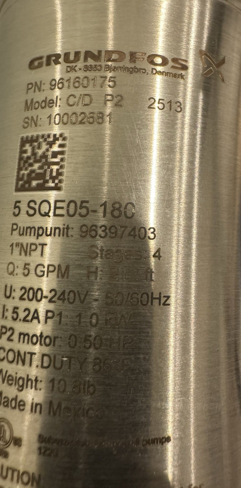 Grundfos 5 SQE05-180 Submersible Pump 5 GPM .5 HP 96160175 W/ 175’ Cable & Wire 