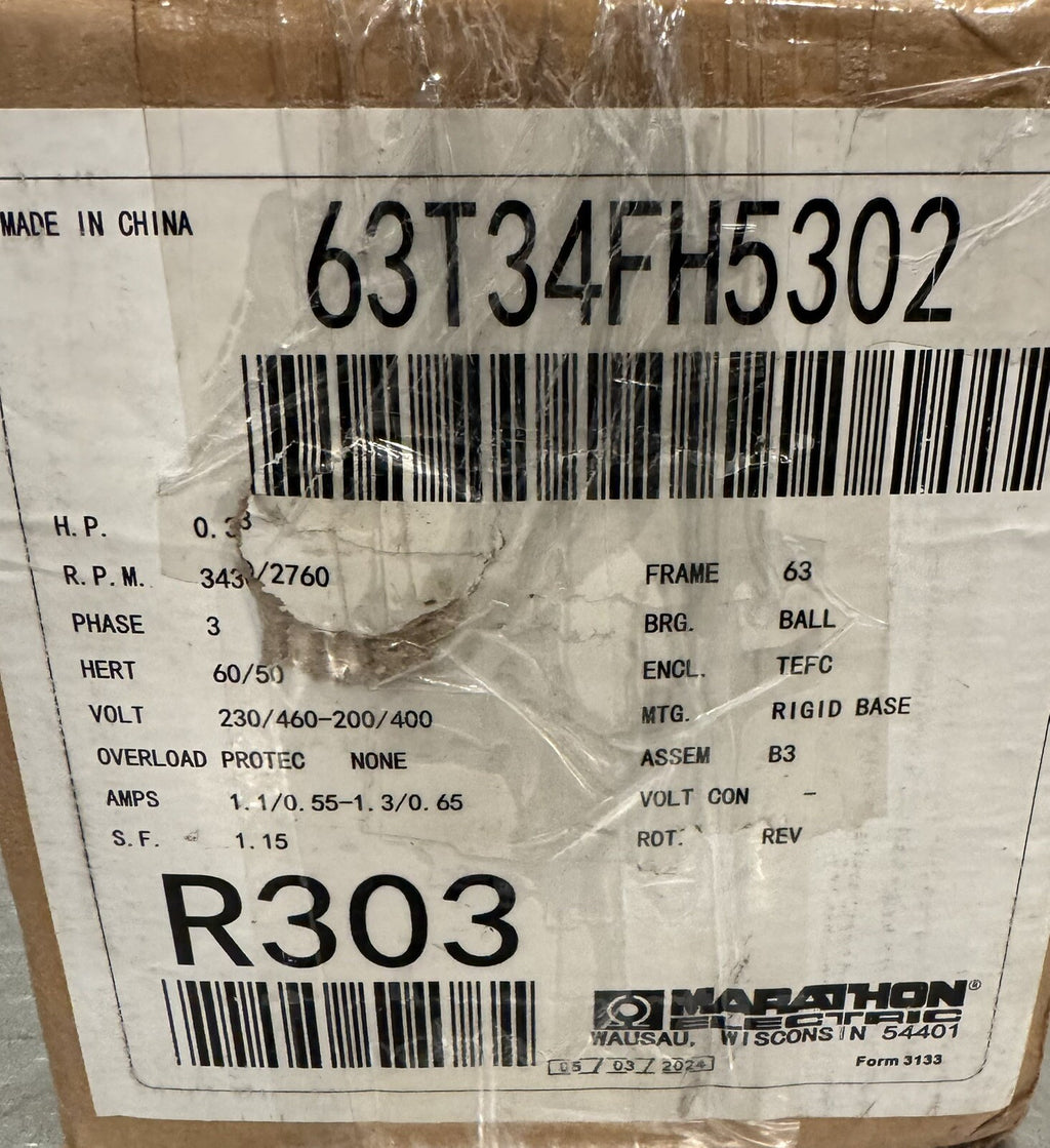 Marathon 63T34FH5302 Metric Motor R303 1/3HP 230/460-200/400V NEW! FREE SHIPPING