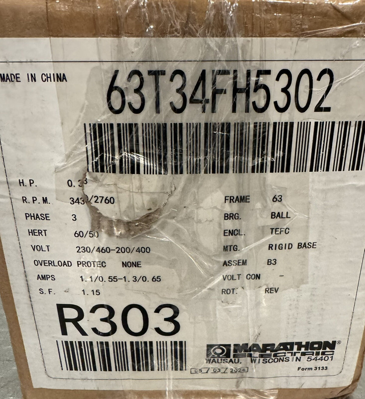 Marathon 63T34FH5302 Metric Motor R303 1/3HP 230/460-200/400V NEW! FREE SHIPPING