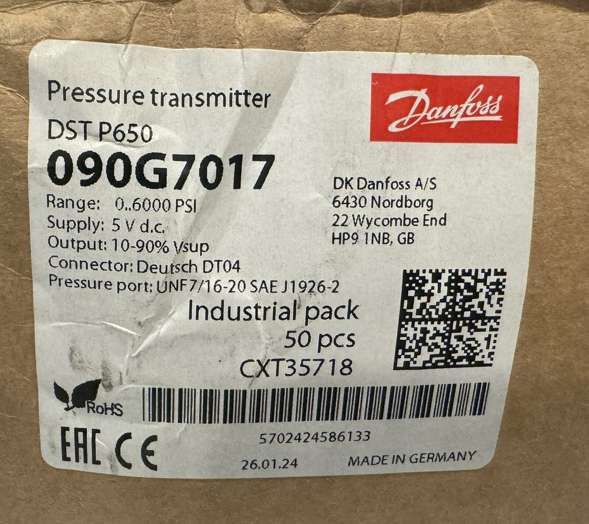 John Deere CXT35718 Pressure Sensor Danfoss 090G7017 NEW! FREE SHIPPING!
