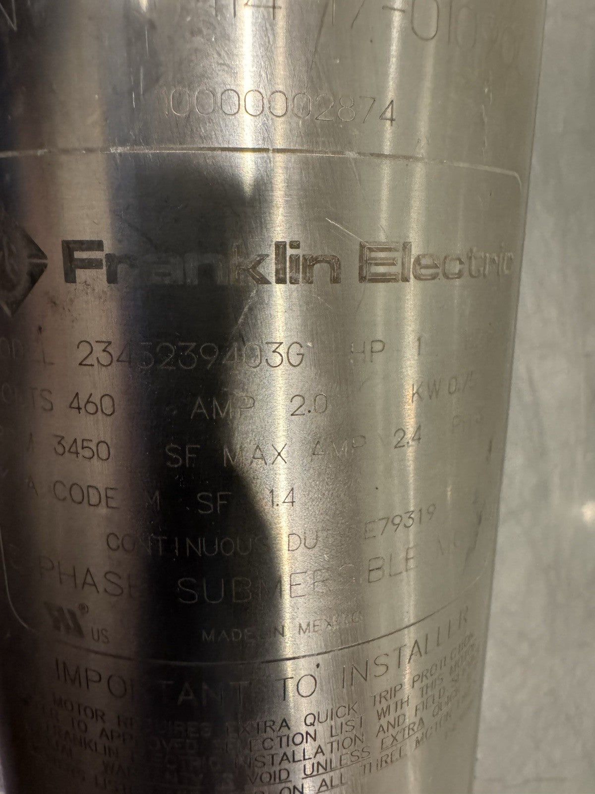 Franklin 2345239403G Submersible Well Pump 1HP 460V 2.0 Amp 3450 RPM NEW!