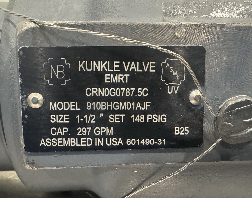 Kunkle Valve 910BHGM01AJF Safety Relief Valve Male X Female 1-1/2” 148 PSIG NEW!