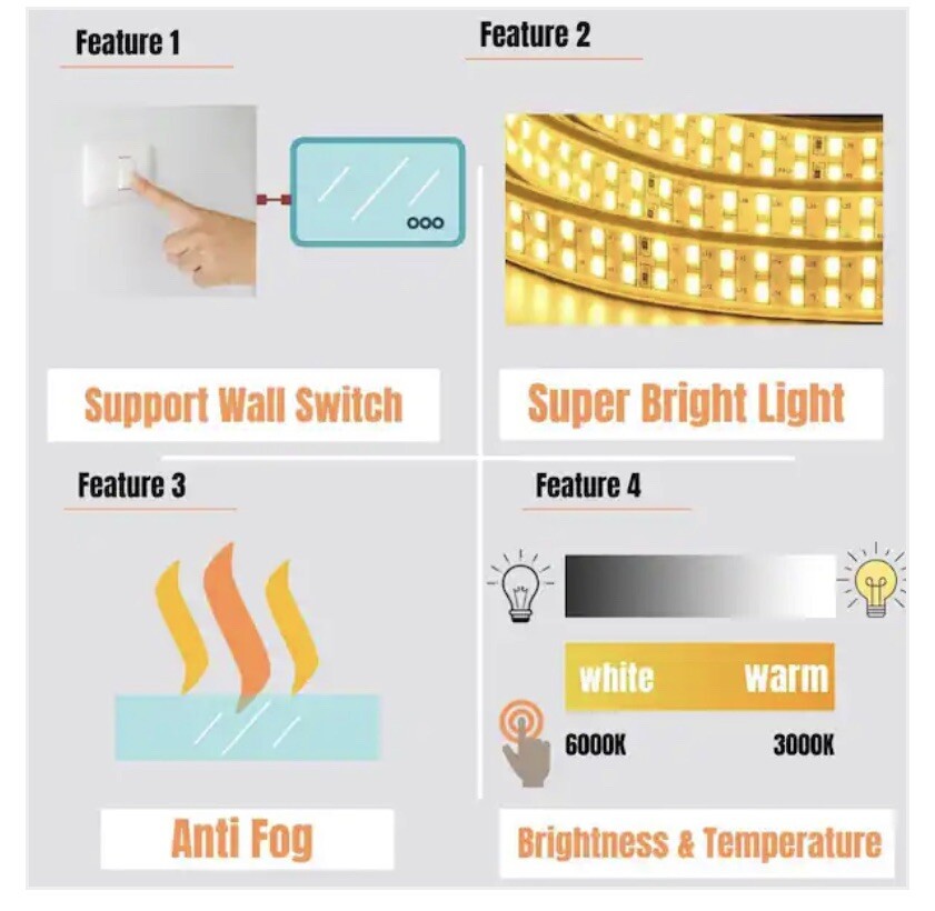 TH-902A LED Lighted Mirror 32” X 24” Anti-Fog Rectangle NEW! FREE SHIPPING!
