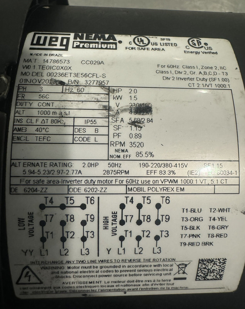 Weg 00236ET3E56CFL-S Motor 2HP 56C 208-230/460V 14786573 NEW! FREE SHIPPING!