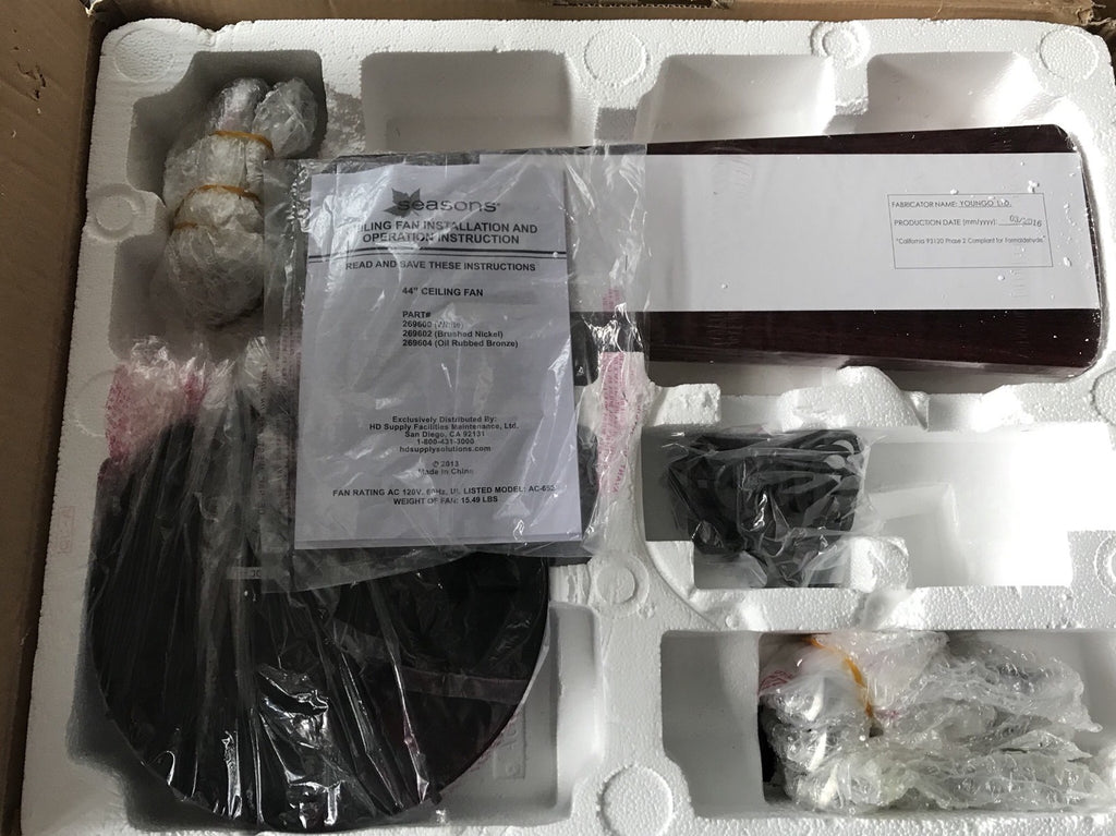 Seasons 44" Hugger-Mount Ceiling Fan Brushed Nickel Bowl Light Kit NEW IN BOX