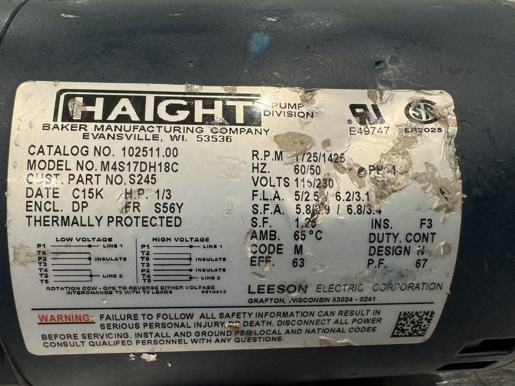 Haight 102511.00 Pump & Motor For Pitco Fryer M4S17DH18C NEW! FREE SHIPPING!