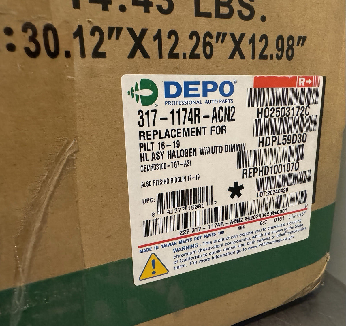 Depo 317-1174R-ACN2 Headlight Assembly Honda NEW! FREE SHIPPING!