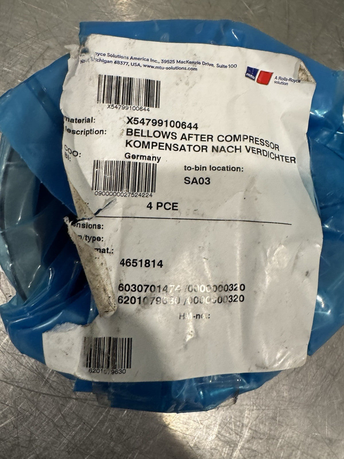 MTU X54799100644 Bellow After Compressor Diesel NEW! FREE SHIPPING!
