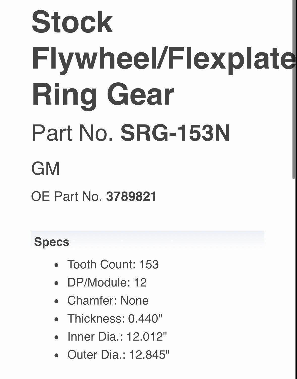 Sonnax SRG-153N Flywheel Flexplate Ring Gear Part 153 Teeth 3789821 NEW!
