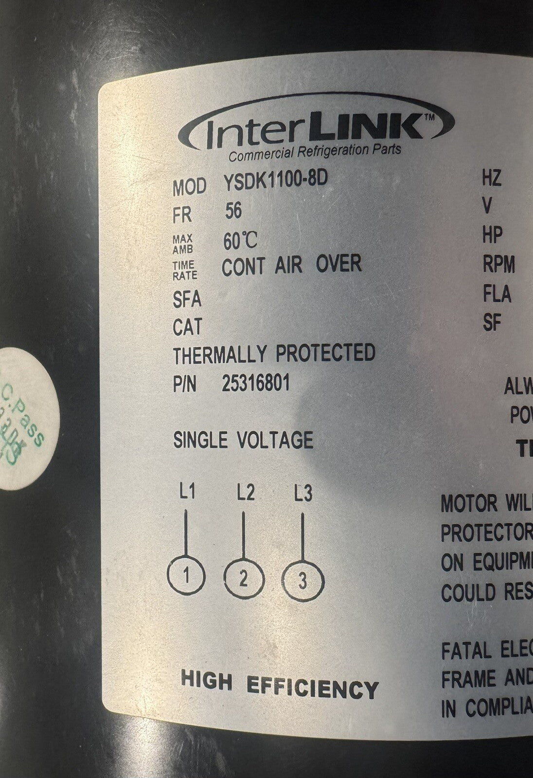 Interlink YSDK1100-8D Refrigeration Motor 1.5 HP 850 RPM Heatcraft 25316801 NEW!
