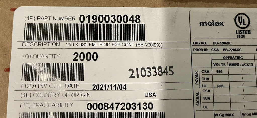 Molex 0190030048 Female Quick Disconnect 14-16 AWG Crimp REEL OF 2000 NEW!