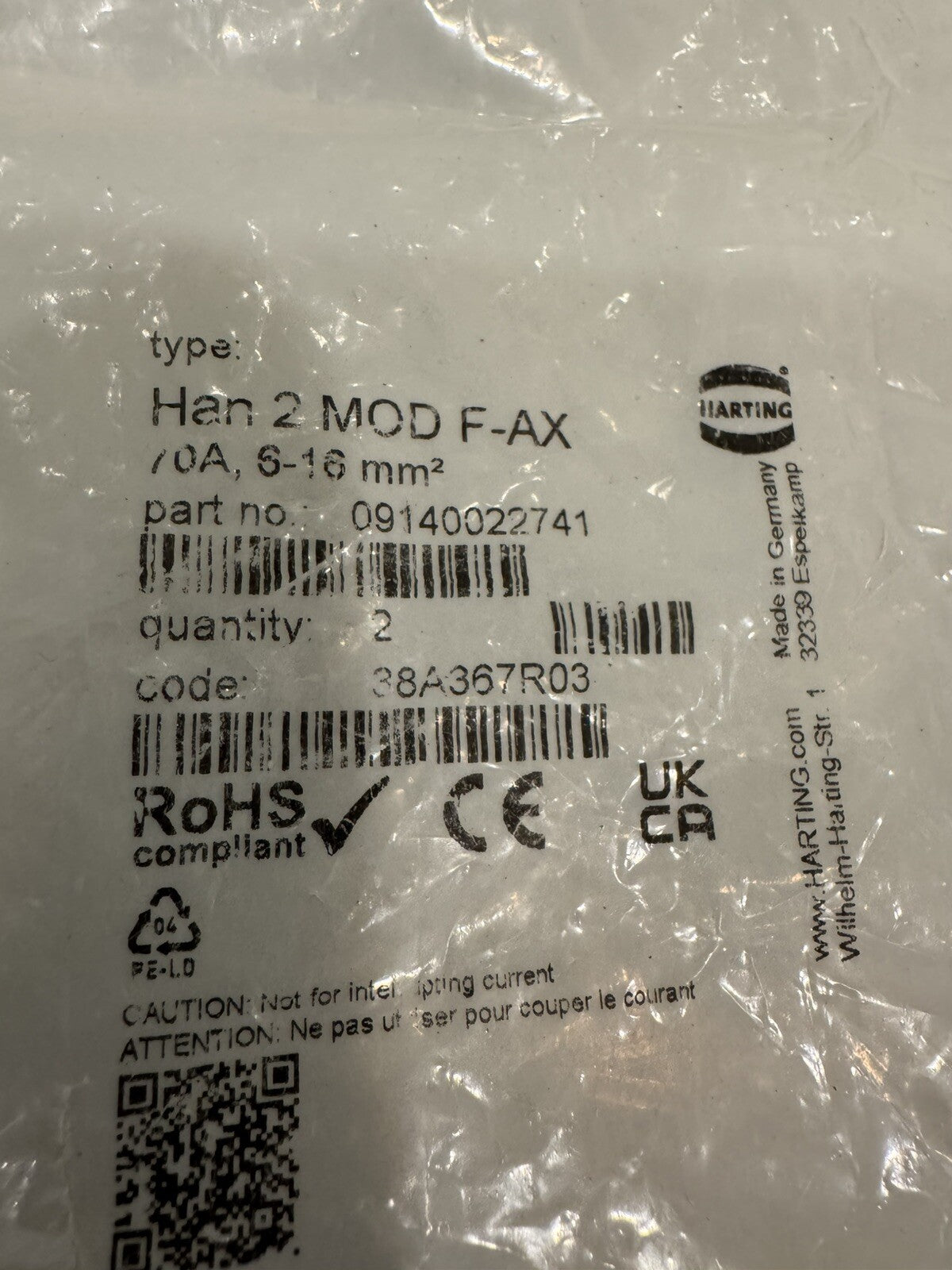 Harting HAN 2 MOD F-AX Connector Terminal 2 PACK NEW! FREE SHIPPING!