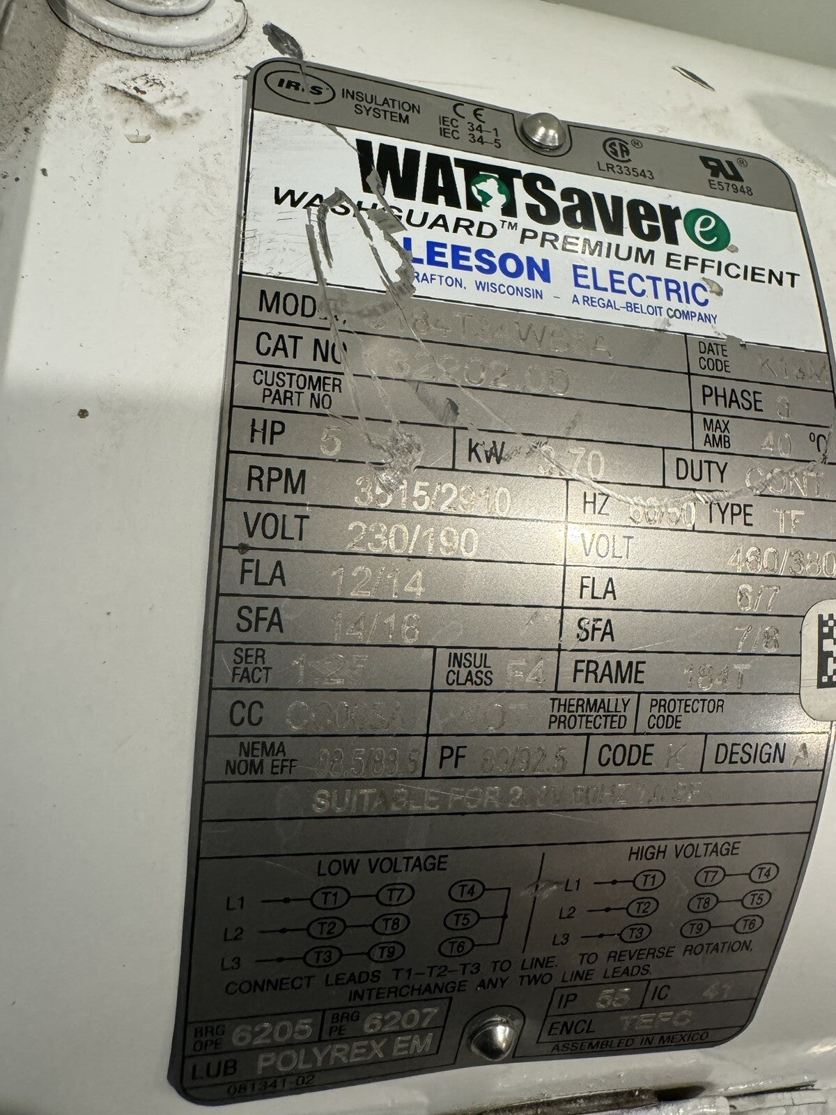 Leeson 132202.00 Washdown Motor 5HP 230/190V C184T34WB5A NEW! FREE SHIPPING!