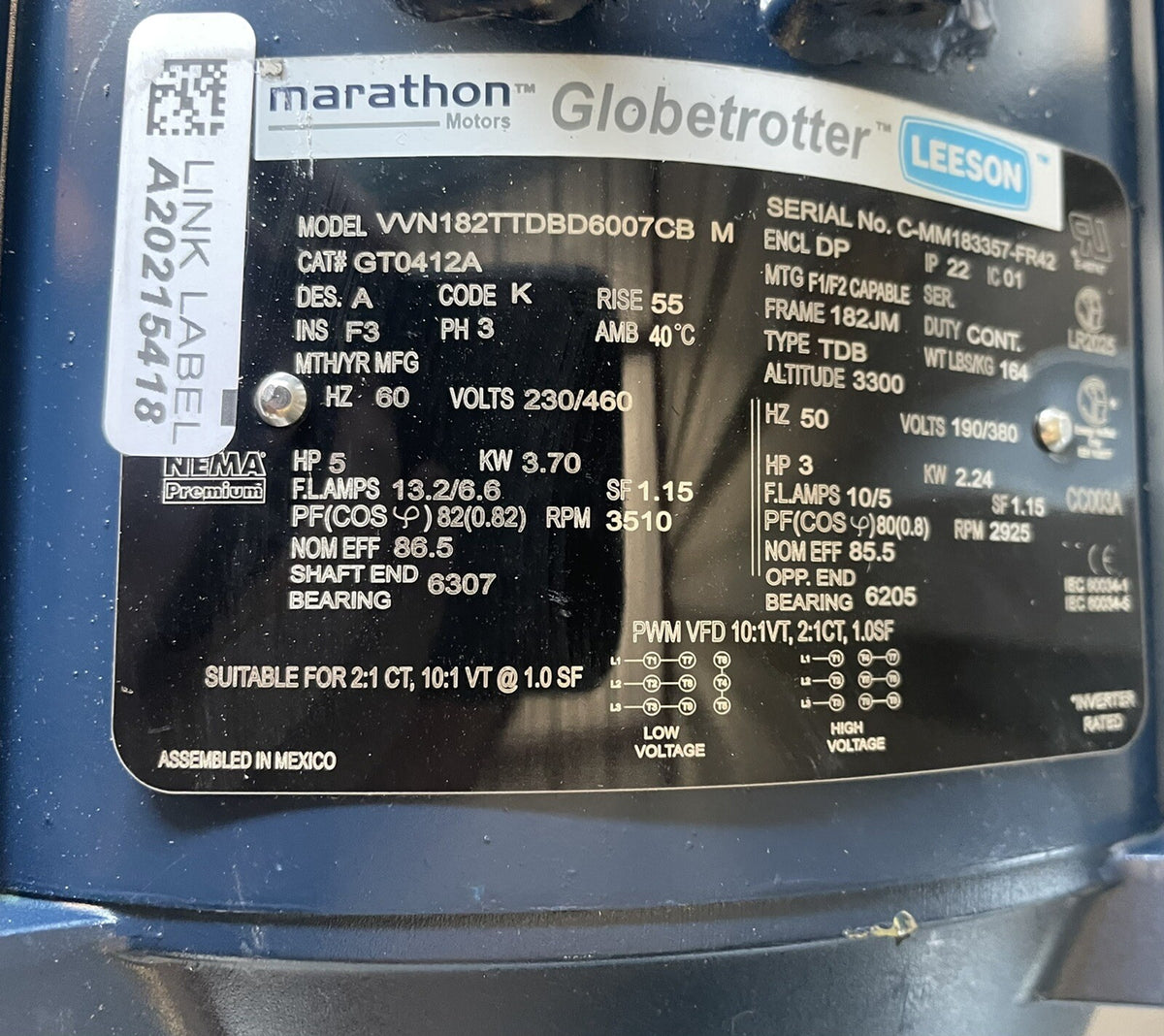 Marathon Electric GT0412A Motor 5HP 3PH 230/460V VVN182TTDBD6007CB NEW!