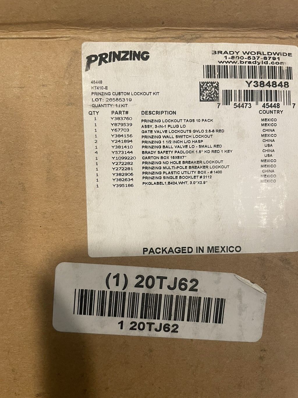 Brady 20TJ62 Portable Lockout Kit Prinzing Y384848 NEW! FREE SHIPPING!