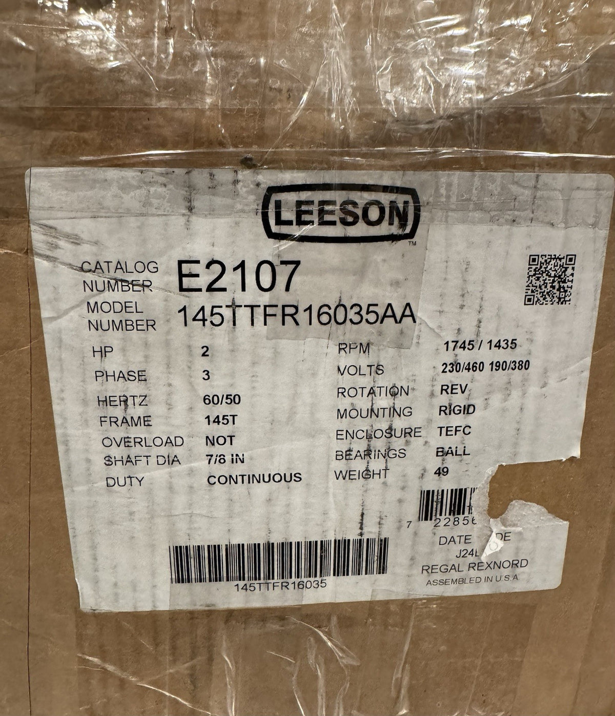 Marathon E2107 Leeson Motor 2/2HP 1745/1435 RPM 230/460V NEW! SHIPS FREE!