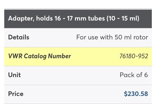 VWR 76180-952 Tube Adapters 6 PACK NEW!! FREE SHIPPING!!