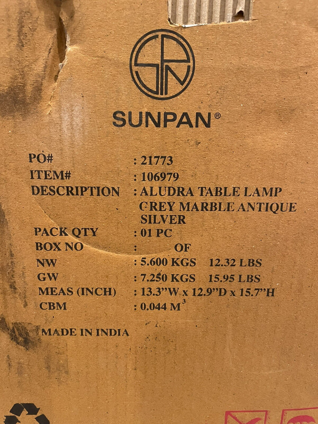 Sunpan 106979 Aludra Table Lamp Grey Marble Antique Silver Color NEW!