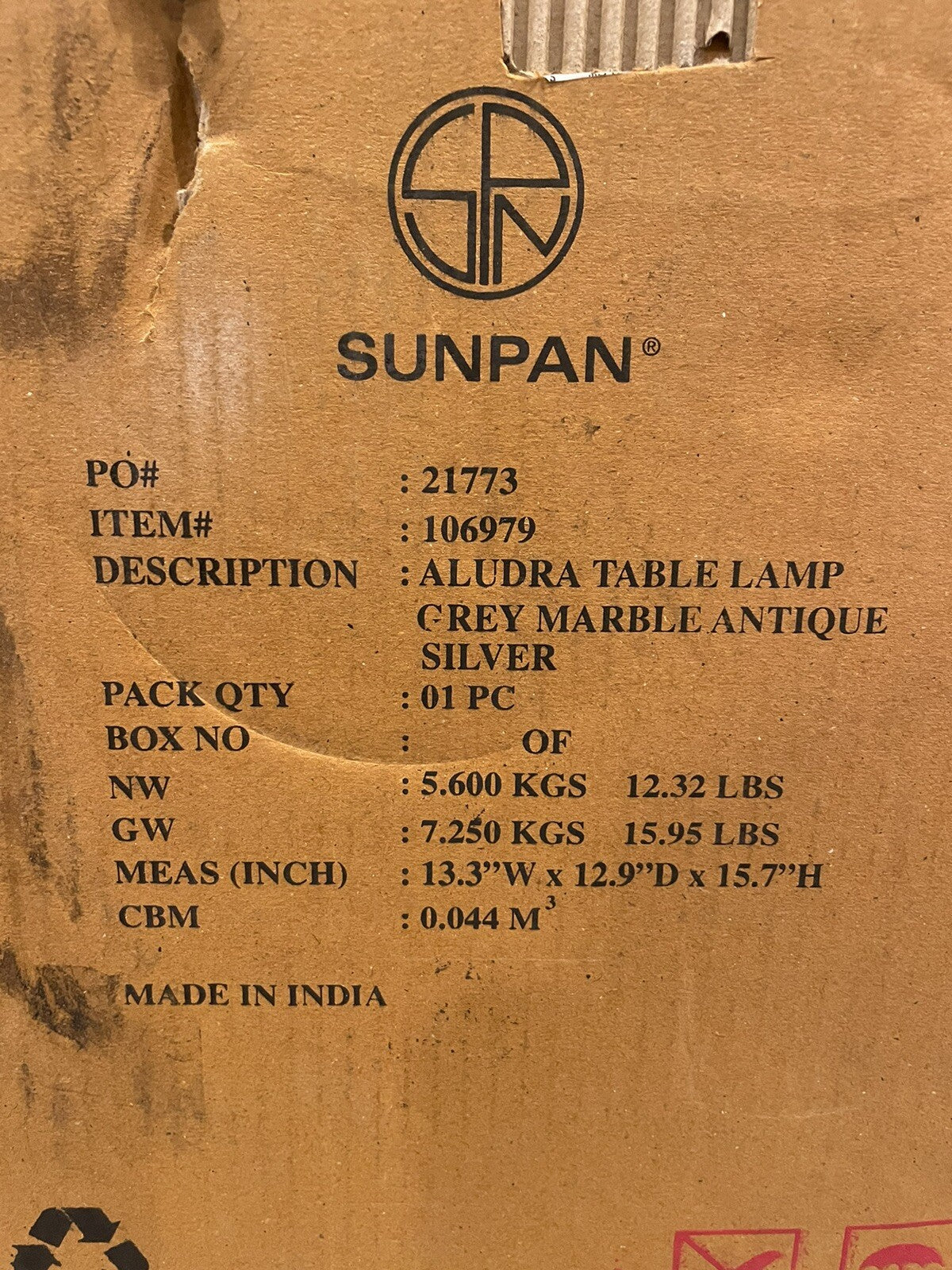 Sunpan 106979 Aludra Table Lamp Grey Marble Antique Silver Color NEW!