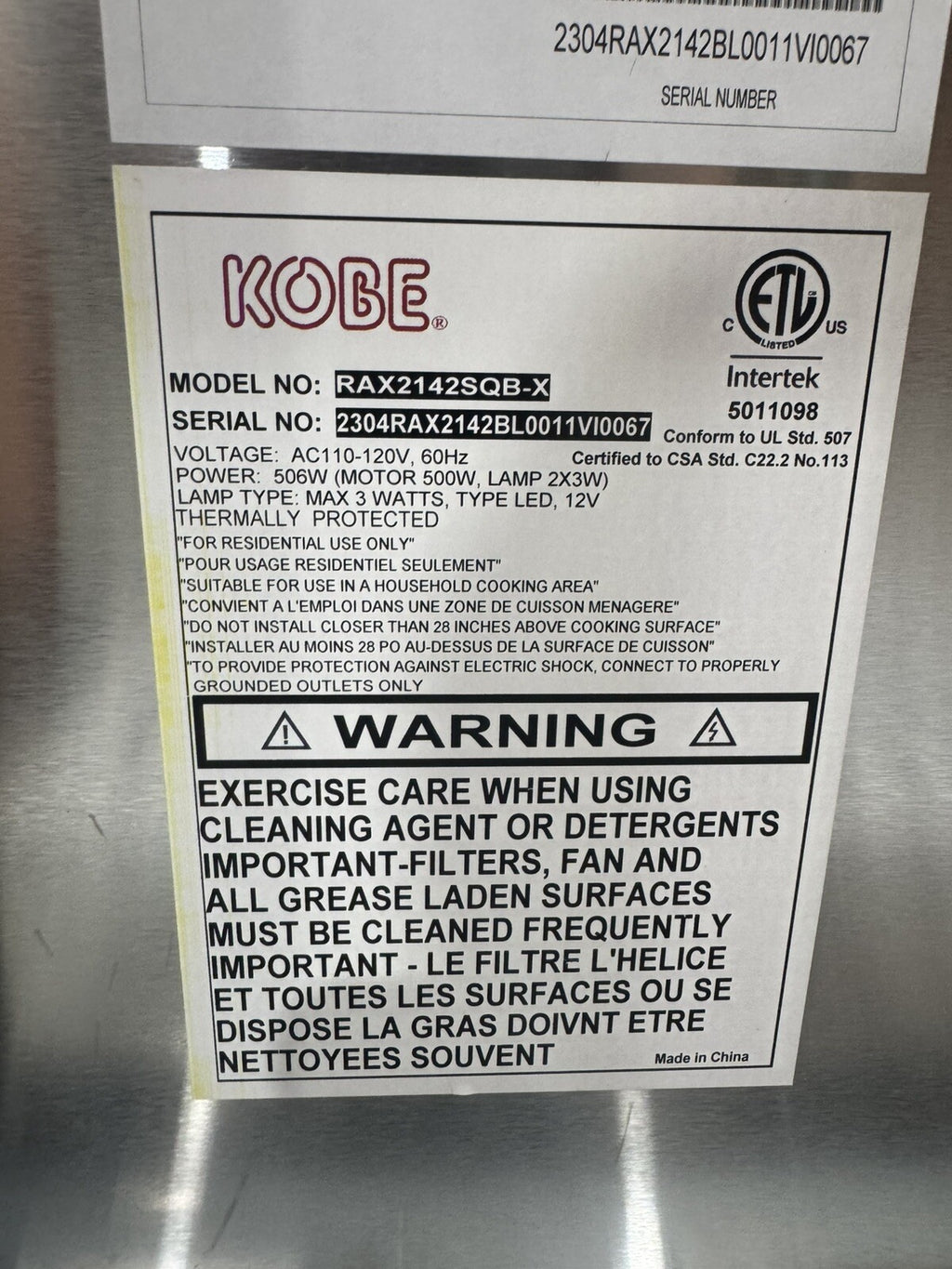 Kobe RAX2142SQB-X Range Hood 42” Stainless Brillia Series Under Cabinet NEW!