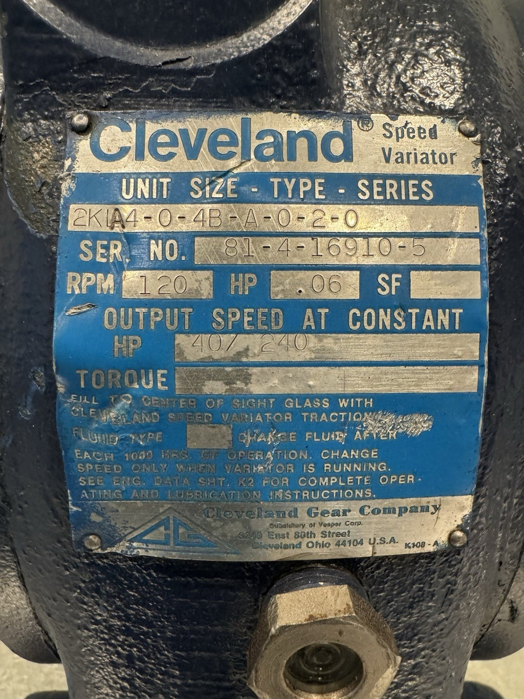 Cleveland 2KA4-0-4B-A-0-2-0 Speed Variator USED! FREE SHIPPING!