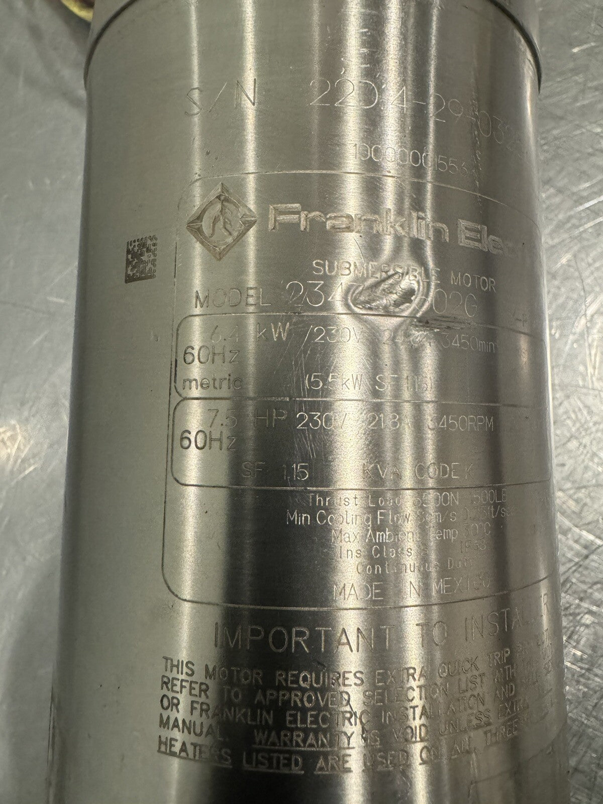 Franklin Electric 2347188602G Submersible Well Pump Motor 7.5HP 230V NEW!