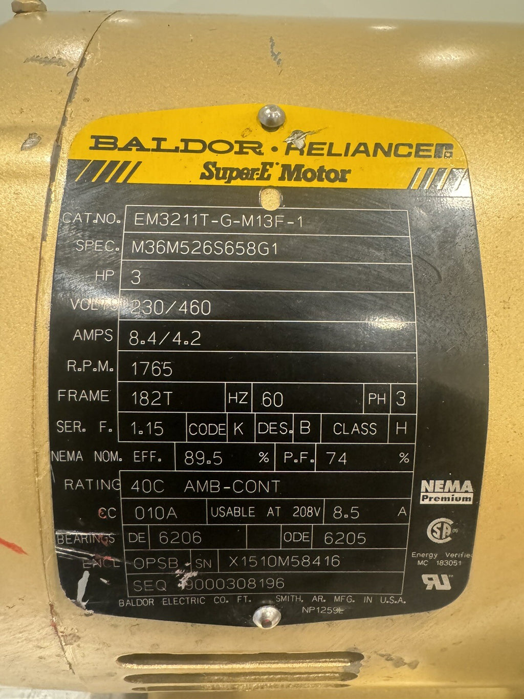 Baldor EM3211T-G-M13F-1 Electric Motor 36M526S658G1 3HP 230/460V NEW! SHIPS FREE