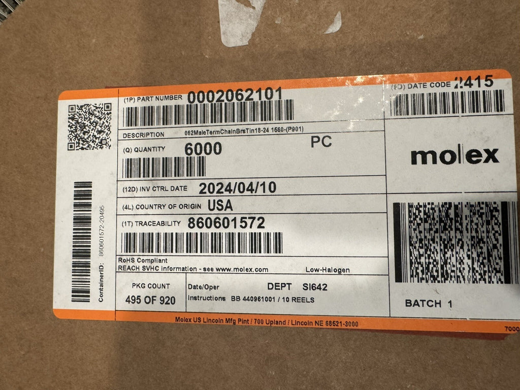 Molex 0002062101 Crimp Terminal 6000 PACK REEL NEW! FREE SHIPPING!