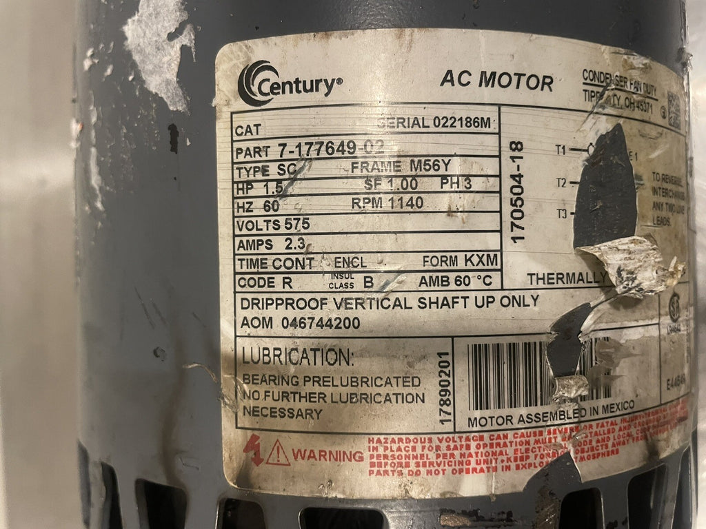 Century 7-177649-02 Motor 1140RPM 3PH 1.5HP 046744200 NEW! FREE SHIPPING!