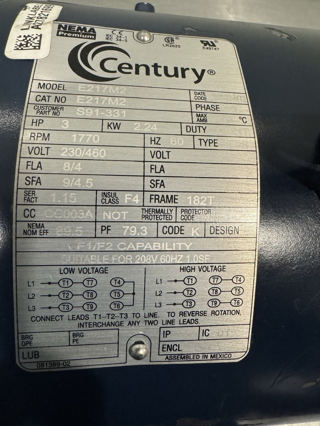 Century E217M2 Motor 3HP 230/460V 1770 RPM S91-331 NEW! SHIPS FREE!