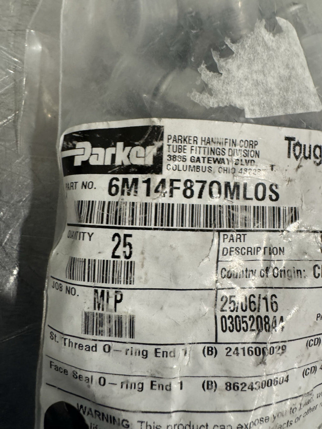 Parker 6M14F87OMLOS Hydraulic O-Ring Face Tube Adaptor Fitting 25 Pack NEW!