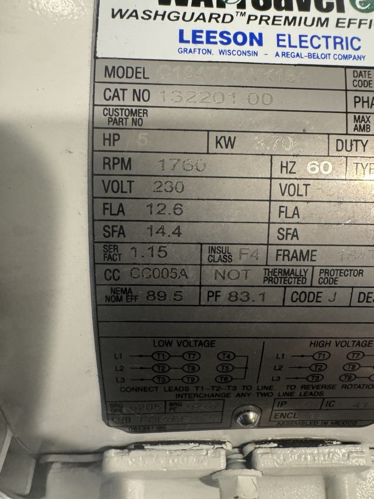Leeson 132201.00 Motor 5HP 1760 RPM 230/460V C184T17WK15A NEW! FREE SHIPPING!