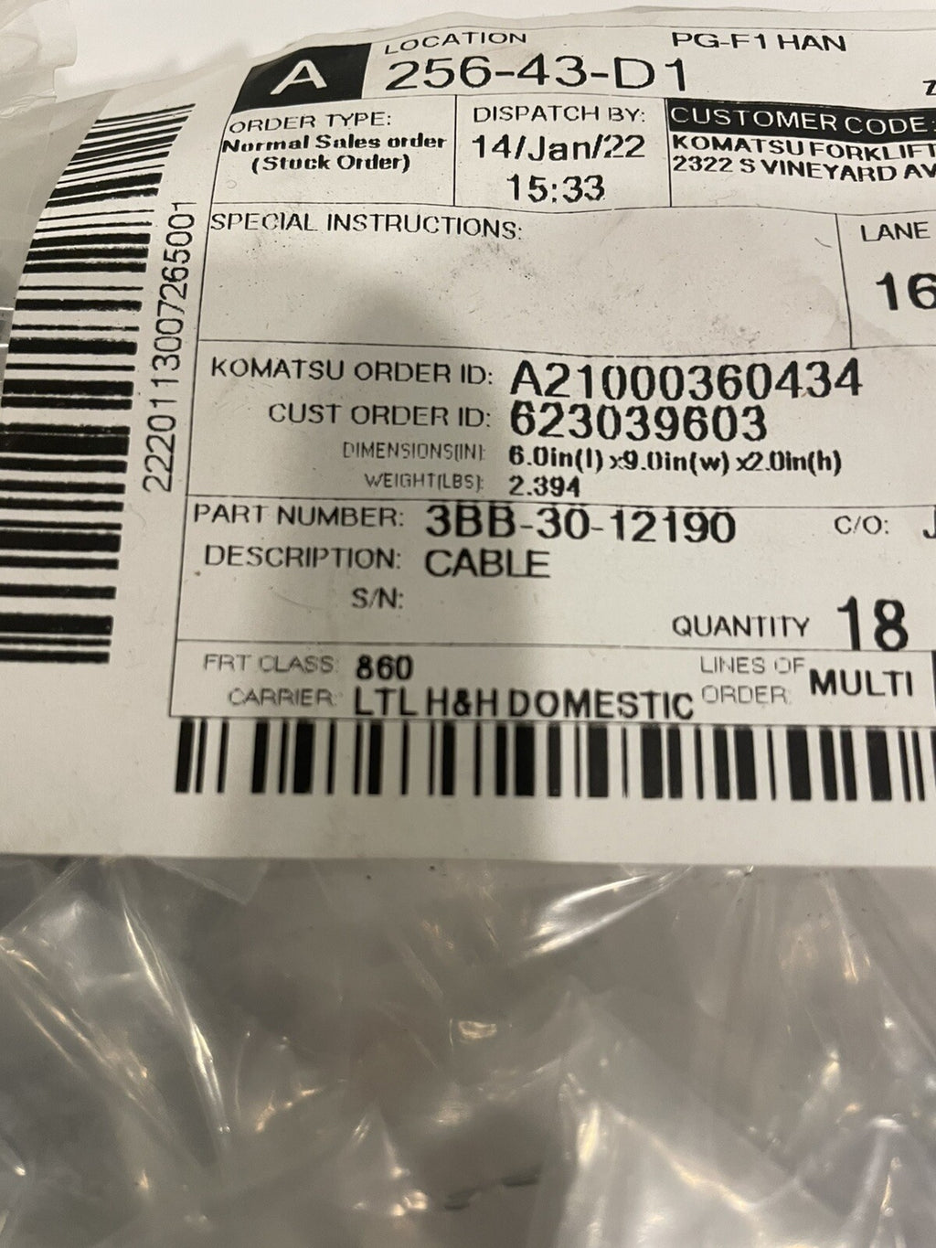 Komatsu 3BB-30-12190 Adjuster Brake Cable Forklift Allison Chalmers NEW!