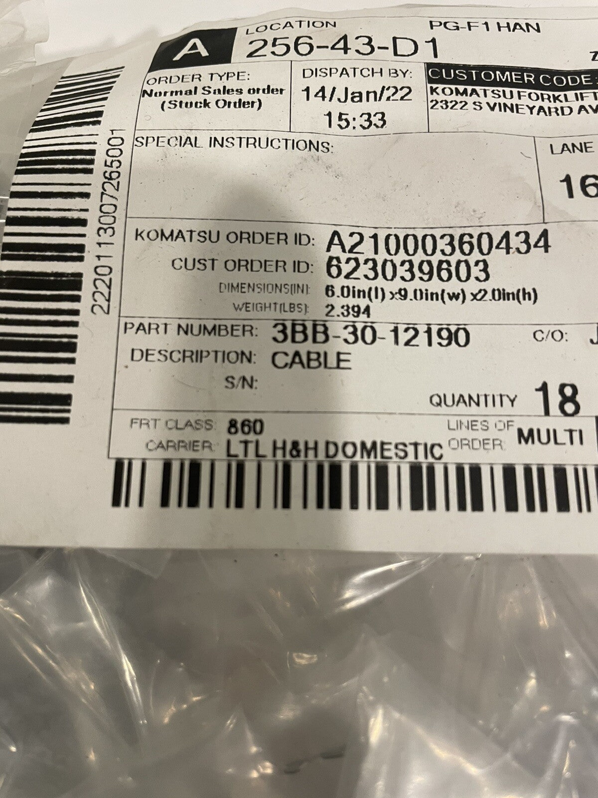 Komatsu 3BB-30-12190 Adjuster Brake Cable Forklift Allison Chalmers NEW!