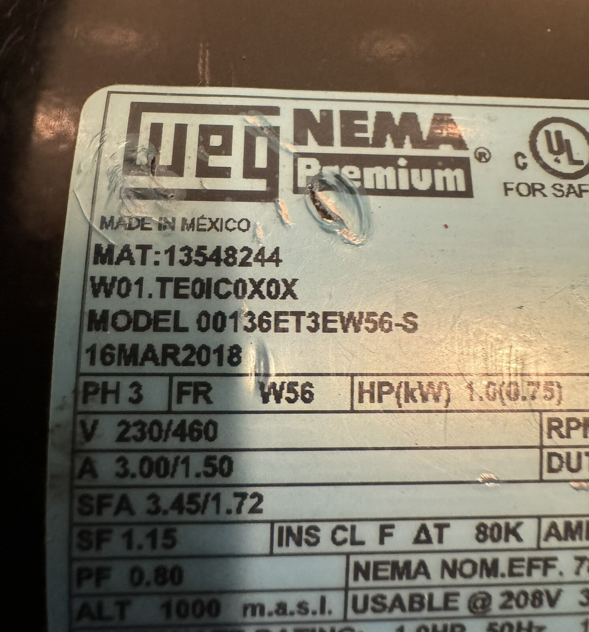 WEG 00136ET3EW56-S Electric Motor 1HP 230/460V 3435 RPM 3PH NEW! FREE SHIPPING!