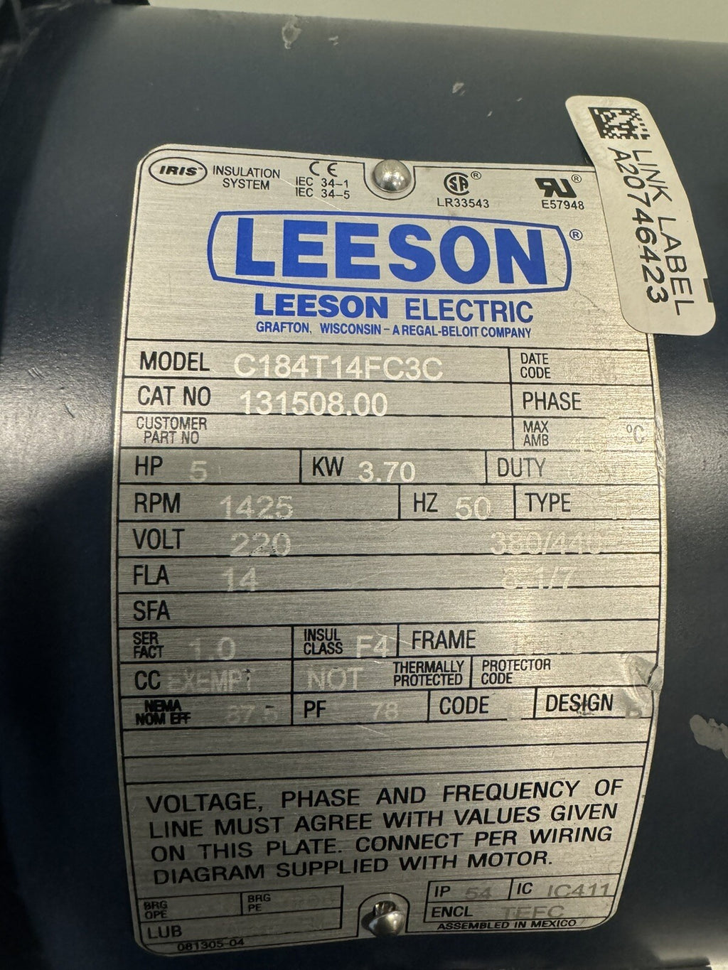 Leeson 131508.00 Motor 5HP 220V 1425 RPM NEW! FREE SHIPPING!