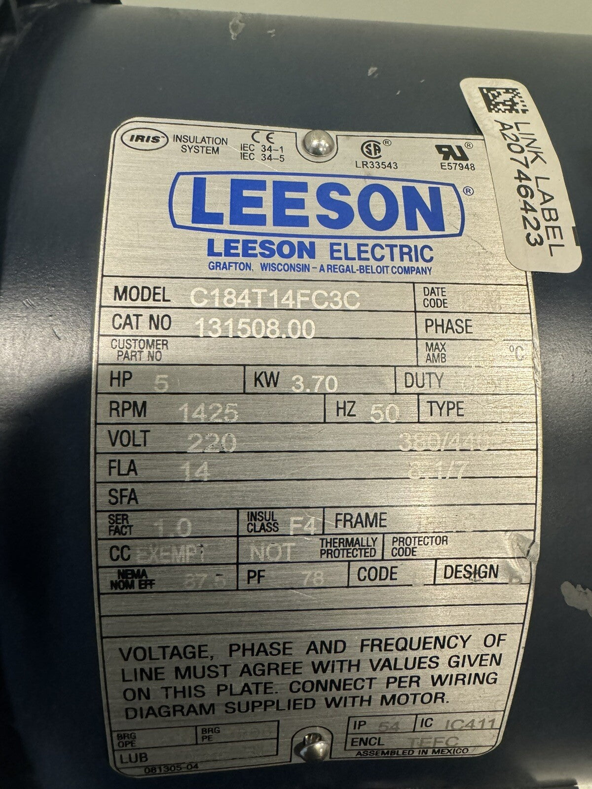 Leeson 131508.00 Motor 5HP 220V 1425 RPM NEW! FREE SHIPPING!