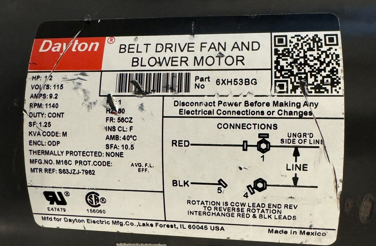 Dayton 6XH53BG Belt Drive Motor 1/2HP 115V 1140 RPM NEW! FREE SHIPPING!
