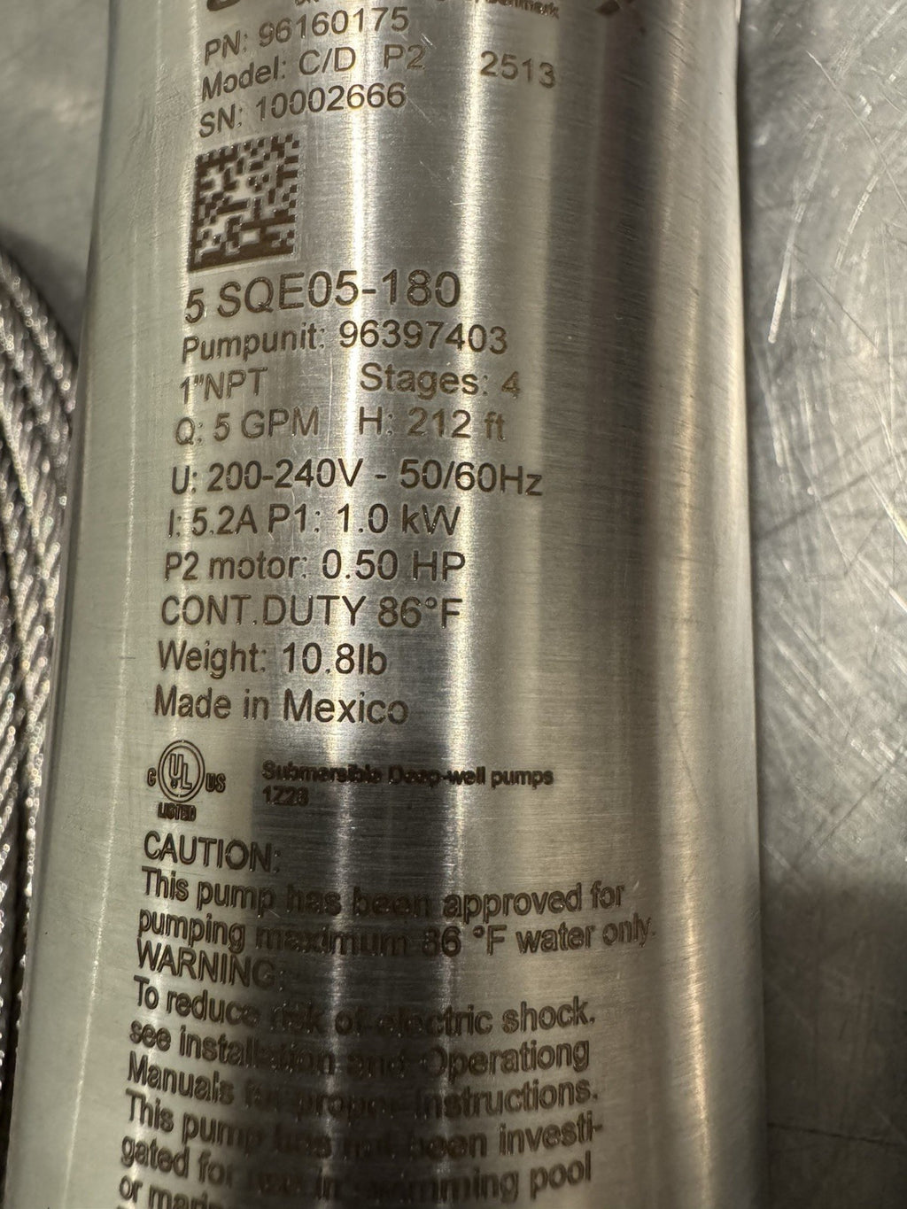 Grundfos 5 SQE05-180 Submersible Pump 96160175 W/ 150’ Cable & 150’ Wire NEW!