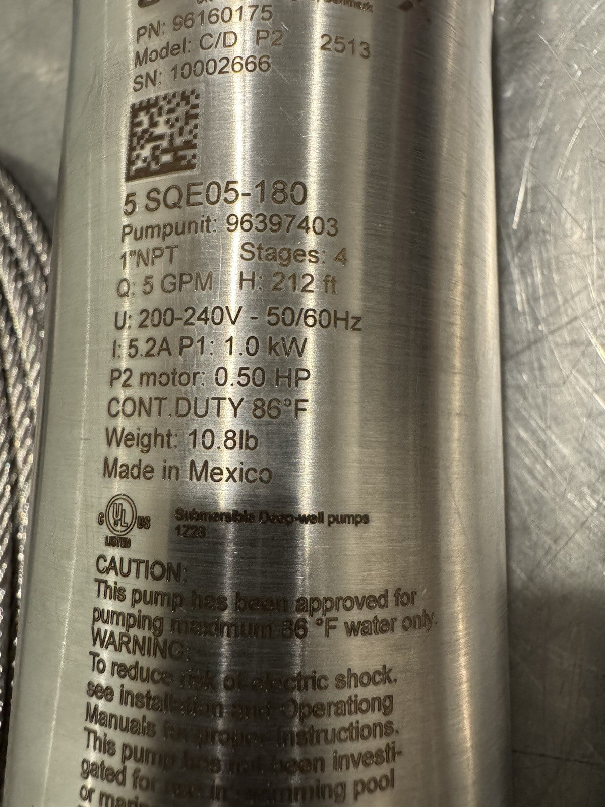 Grundfos 5 SQE05-180 Submersible Pump 96160175 W/ 150’ Cable & 150’ Wire NEW!