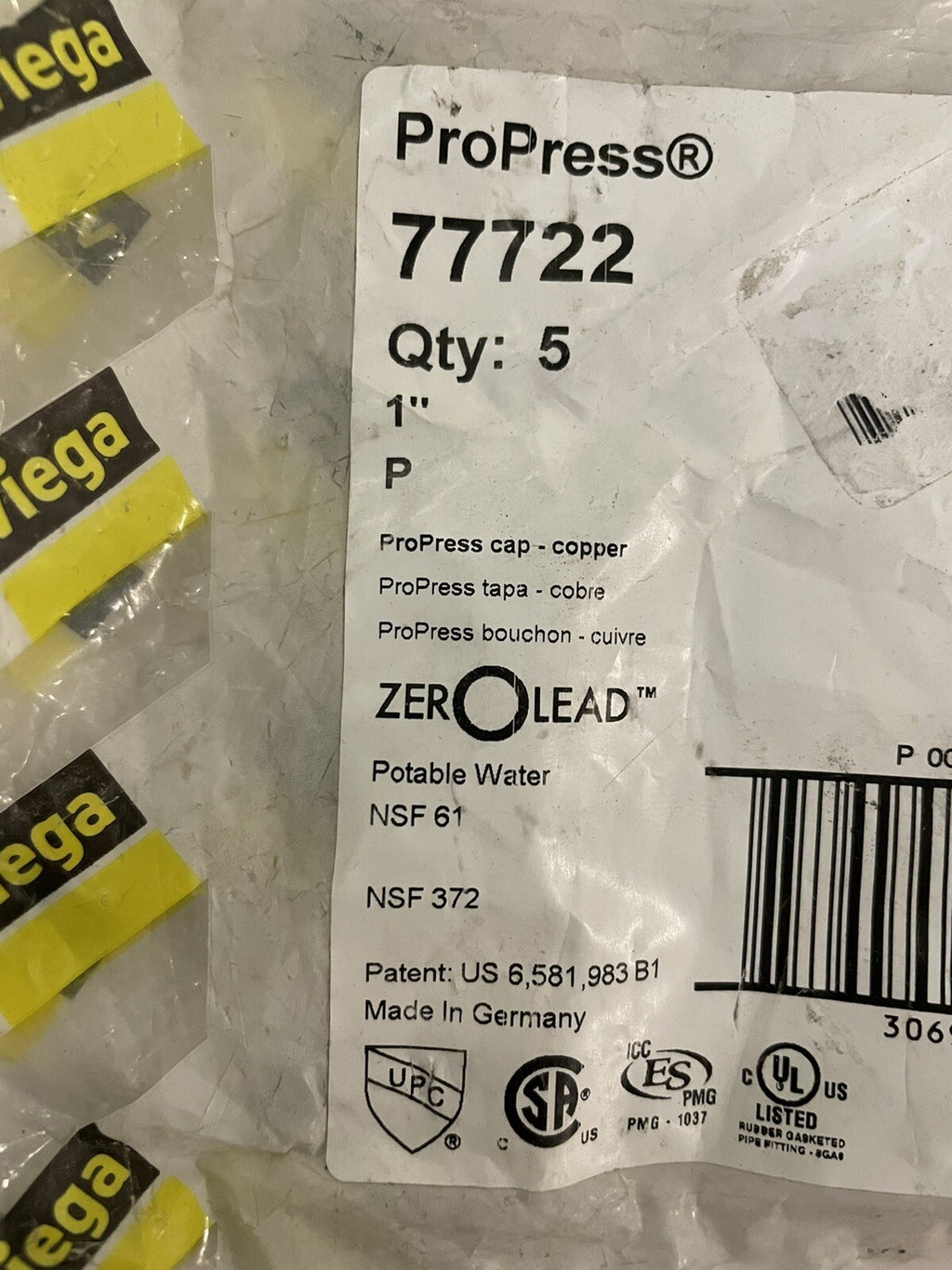 Viega 77722 Copper Cap 1” Propress 5 PACK NEW! FREE SHIPPING!