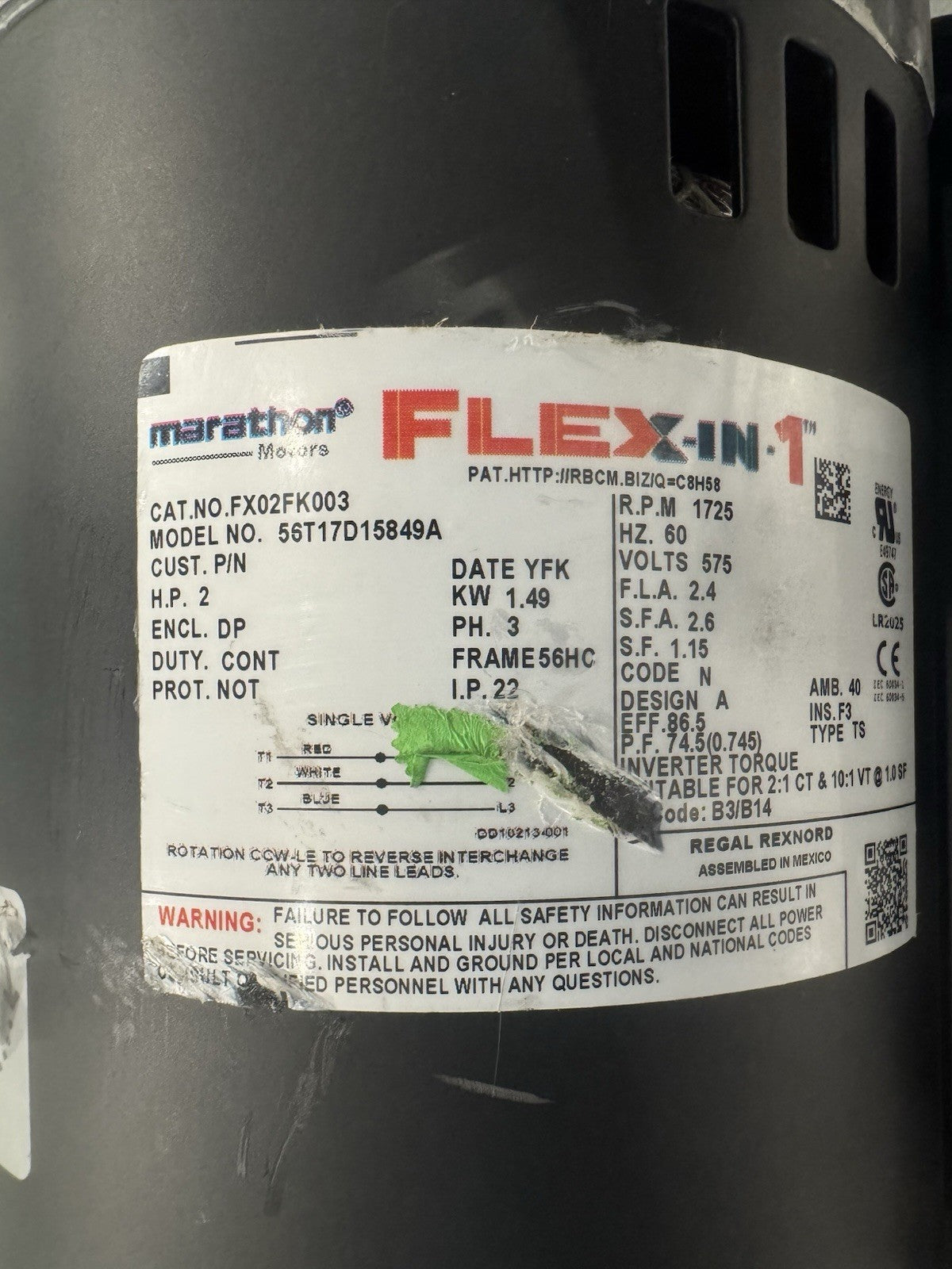 Marathon FX02FK003 Motor 2HP 1725 RPM 3PH FLEX-IN-1 NEW! FREE SHIPPING!