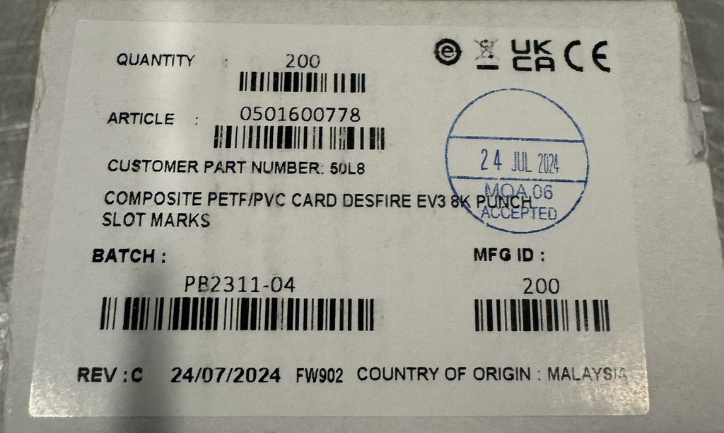 0501600778 DESfire EV3 8K Punch Smart Card Composite PETF/PVC 200 PACK NEW! 
