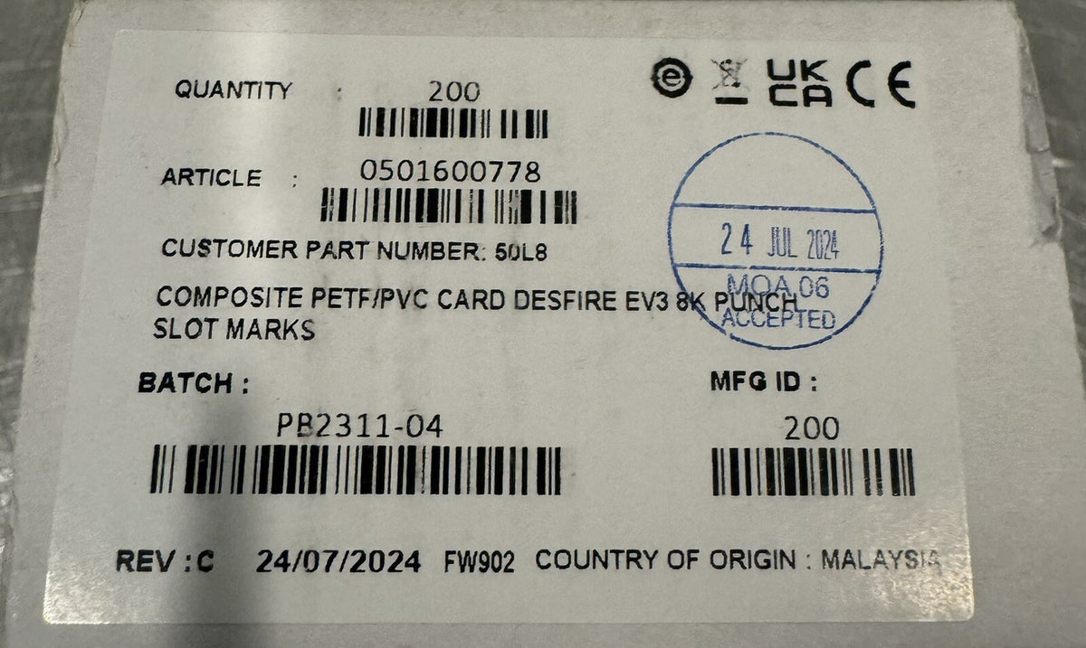 0501600778 DESfire EV3 8K Punch Smart Card Composite PETF/PVC 200 PACK NEW! 