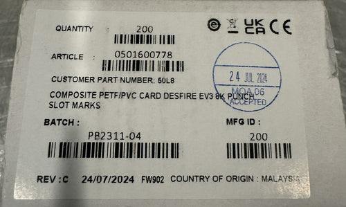 0501600778 DESfire EV3 8K Punch Smart Card Composite PETF/PVC 200 PACK NEW! 